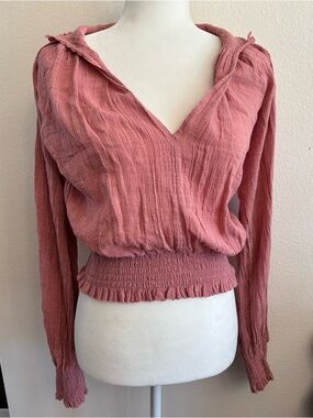 Free People Dusty Rose Smocked Waist V-Neck Blouse cotton/viscose blend in XS
